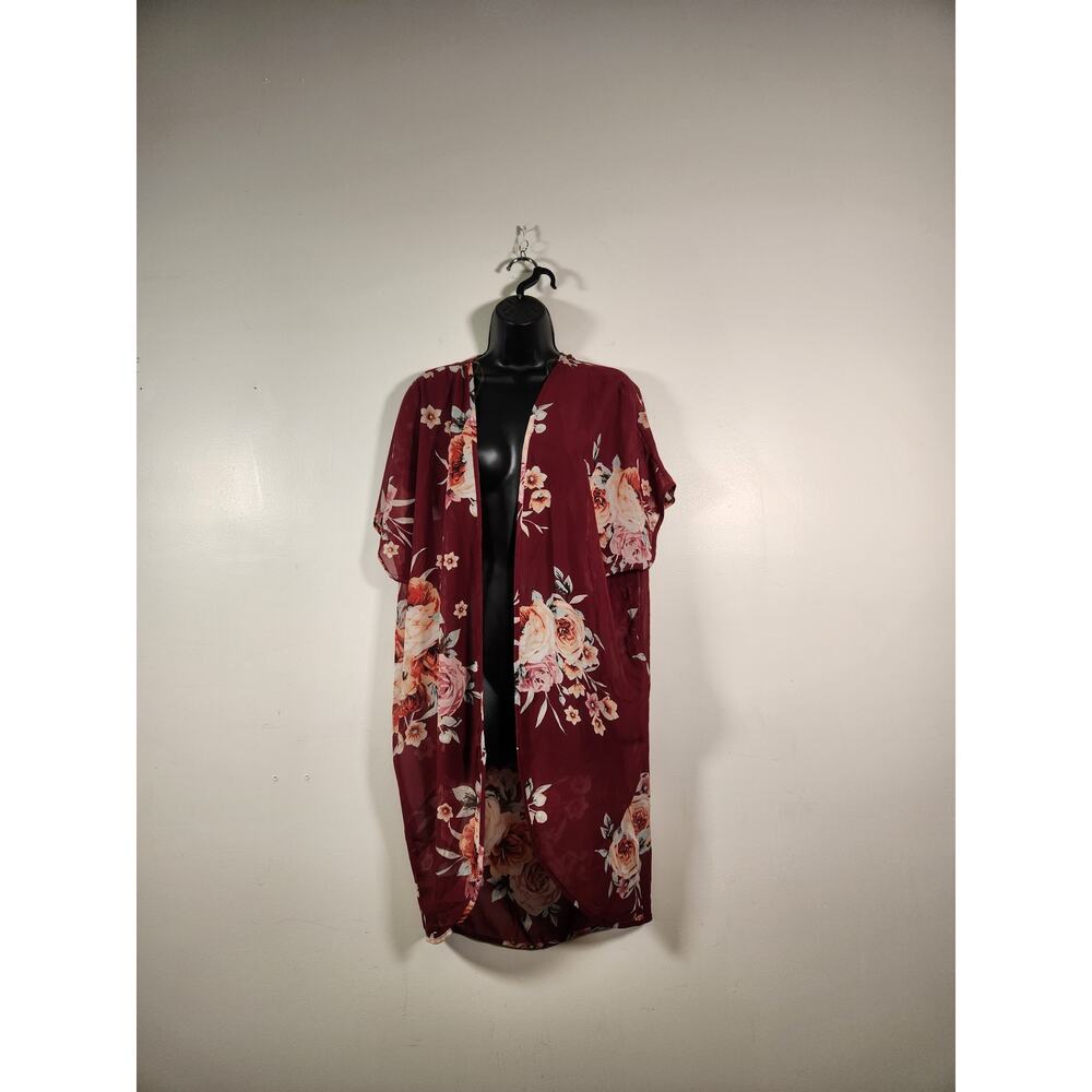 WEST COAST LOVE Kimono Womens S/M Maroon Orange Floral Semi Sheer Boho Festival